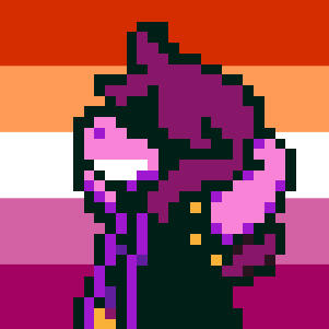 A sideview sprite of Susie from Deltarune smiling wide with her arms on the back of her head. The background is the sunset lesbian flag.